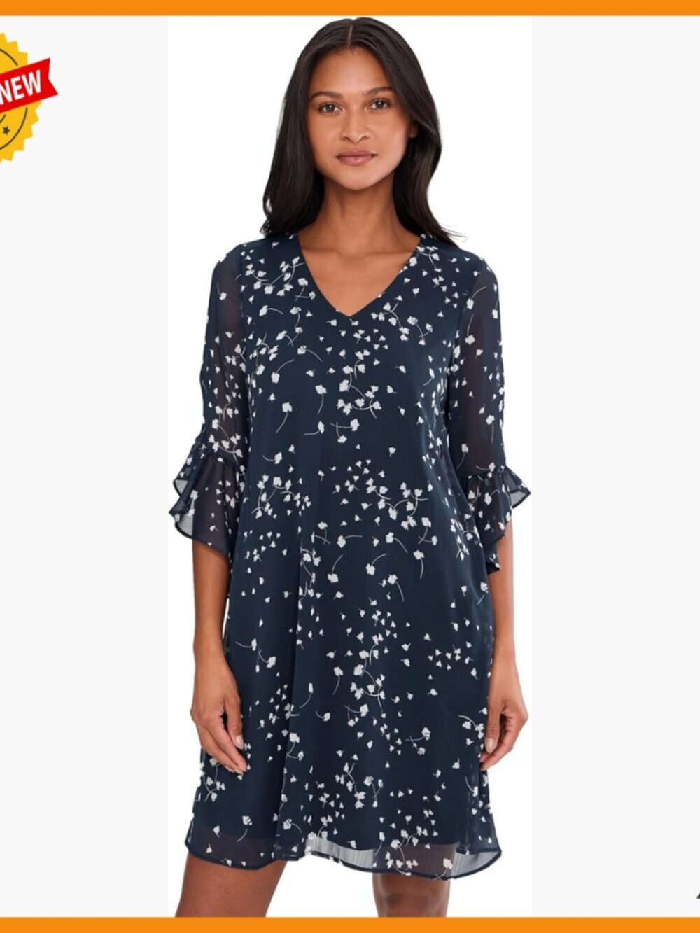 3/4 Ruffle Bell Sleeve V-Neck Chiffon Shift Mini Dress